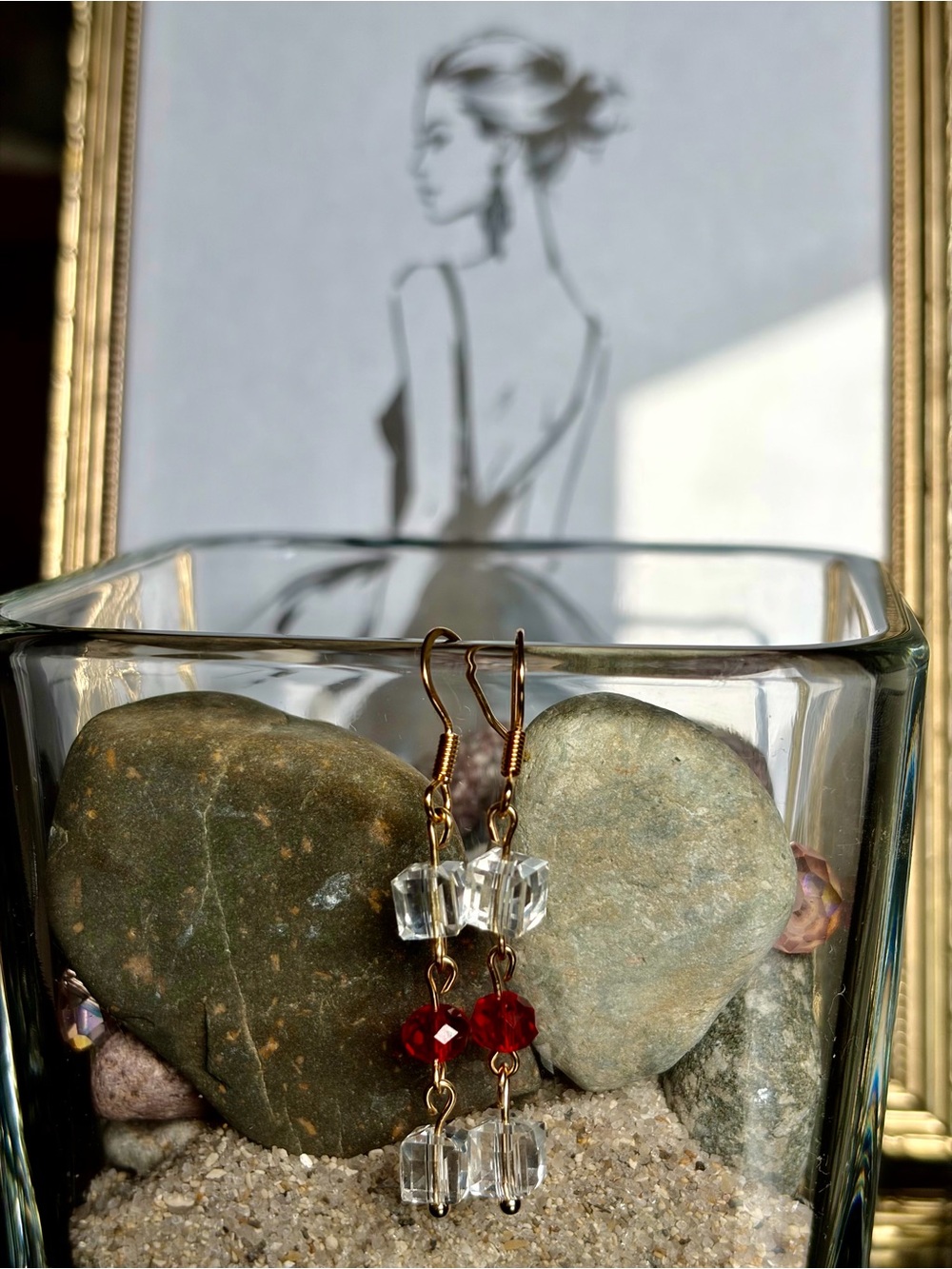 Gold-Tone Earrings with Red and Clear Crystal Beads